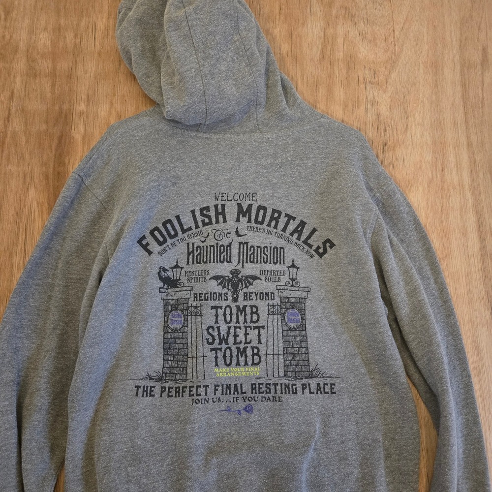Disney Parks Haunted Mansion Foolish Mortals Grey Pullover Hoodie Size Medium